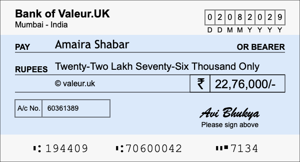 How to write a cheque for 22.76 lakh rupees