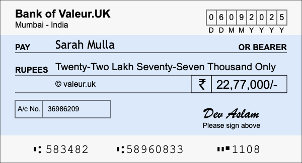 How to write a cheque for 22.77 lakh rupees