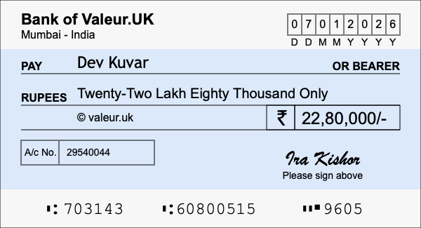 How to write a cheque for 22.8 lakh rupees
