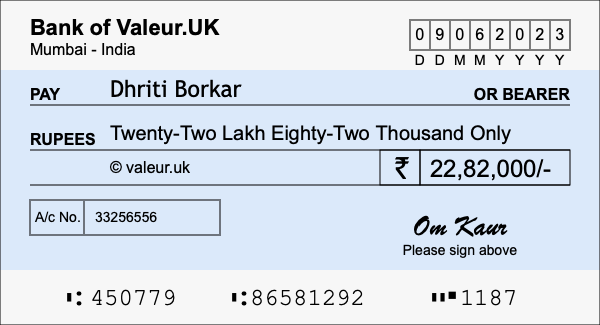 How to write a cheque for 22.82 lakh rupees