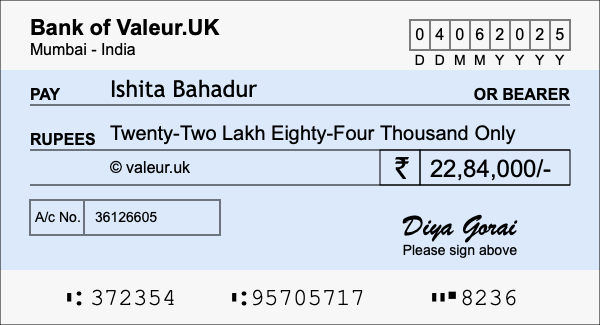How to write a cheque for 22.84 lakh rupees