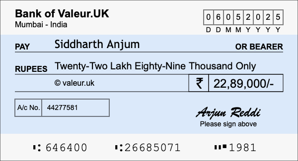 How to write a cheque for 22.89 lakh rupees