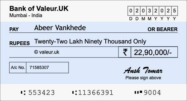 How to write a cheque for 22.9 lakh rupees