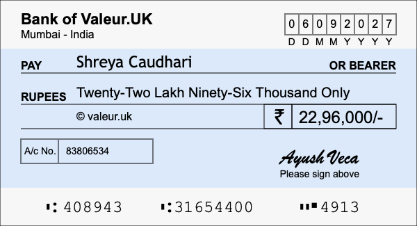 How to write a cheque for 22.96 lakh rupees