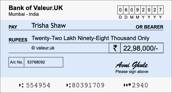 How to write a cheque for 22.98 lakh rupees