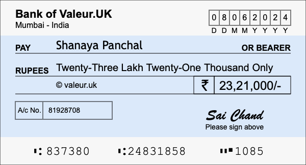 How to write a cheque for 23.21 lakh rupees