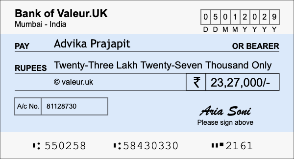 How to write a cheque for 23.27 lakh rupees