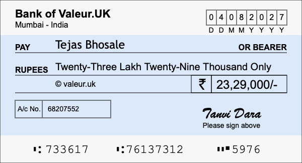 How to write a cheque for 23.29 lakh rupees