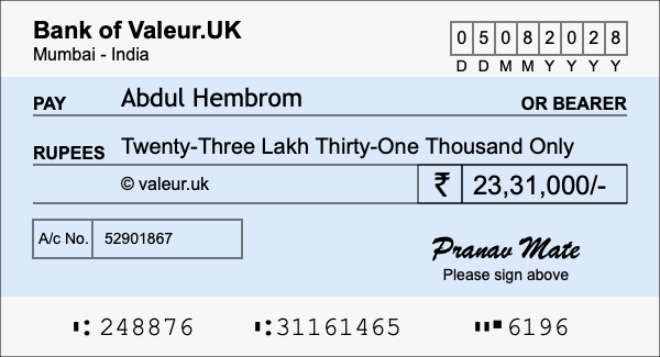 How to write a cheque for 23.31 lakh rupees