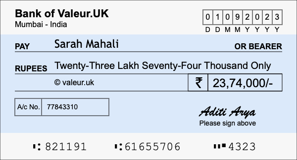 How to write a cheque for 23.74 lakh rupees