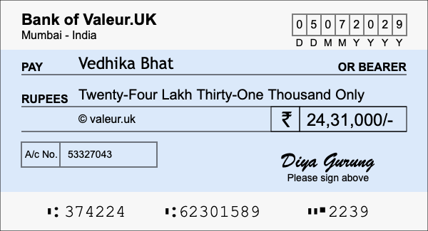 How to write a cheque for 24.31 lakh rupees How to write a cheque for 24.31 lakh rupees
