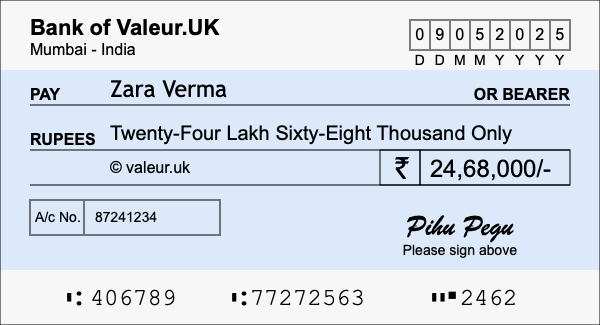 How to write a cheque for 24.68 lakh rupees