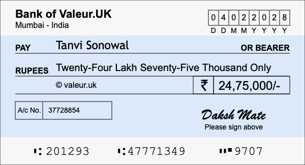 How to write a cheque for 24.75 lakh rupees