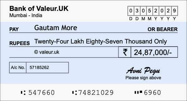 How to write a cheque for 24.87 lakh rupees