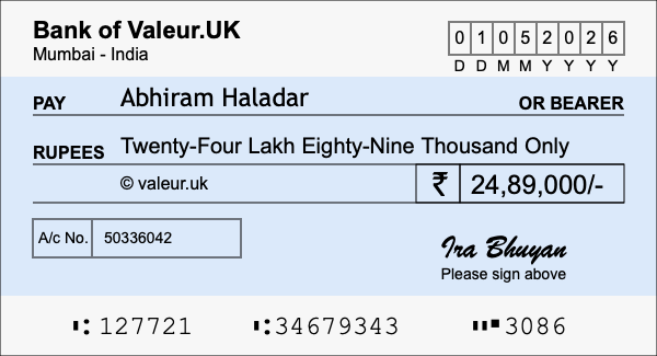 How to write a cheque for 24.89 lakh rupees How to write a cheque for 24.89 lakh rupees