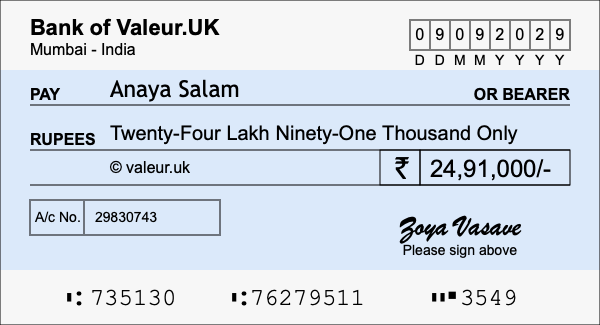 How to write a cheque for 24.91 lakh rupees