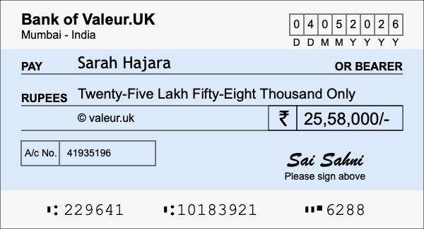 How to write a cheque for 25.58 lakh rupees