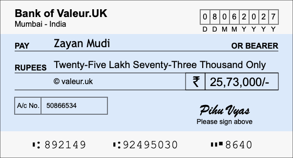 How to write a cheque for 25.73 lakh rupees