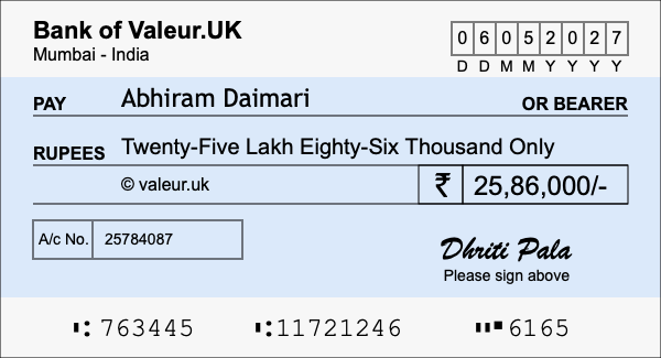 How to write a cheque for 25.86 lakh rupees