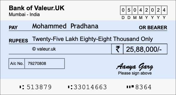 How to write a cheque for 25.88 lakh rupees