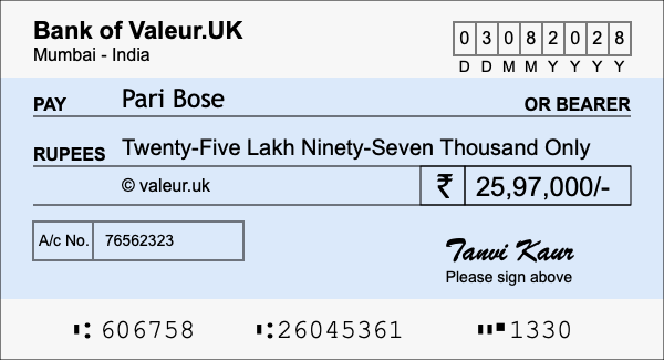 How to write a cheque for 25.97 lakh rupees