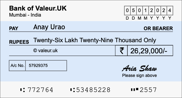 How to write a cheque for 26.29 lakh rupees How to write a cheque for 26.29 lakh rupees
