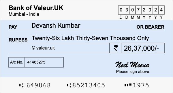 How to write a cheque for 26.37 lakh rupees