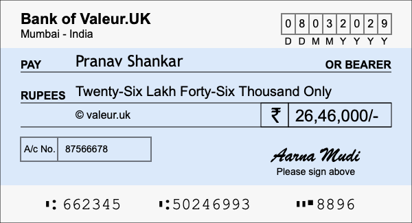How to write a cheque for 26.46 lakh rupees