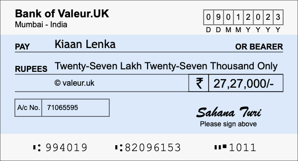 How to write a cheque for 27.27 lakh rupees
