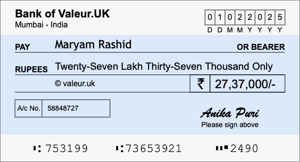 How to write a cheque for 27.37 lakh rupees