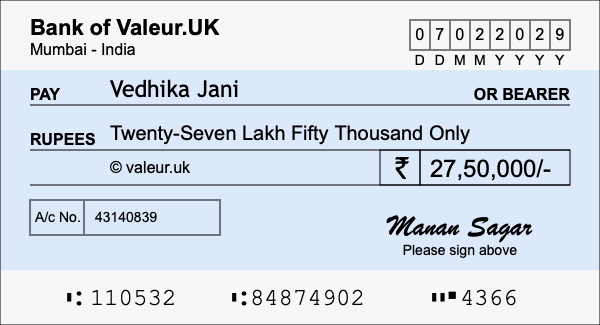 How to write a cheque for 27.5 lakh rupees
