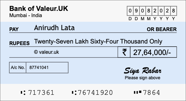 How to write a cheque for 27.64 lakh rupees