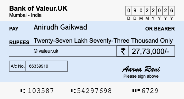 How to write a cheque for 27.73 lakh rupees