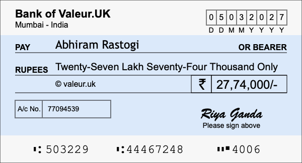 How to write a cheque for 27.74 lakh rupees
