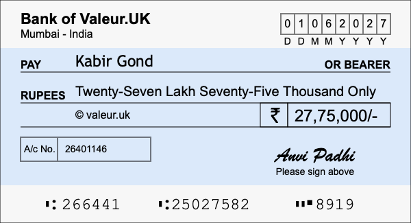 How to write a cheque for 27.75 lakh rupees