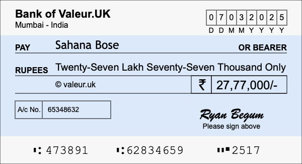 How to write a cheque for 27.77 lakh rupees