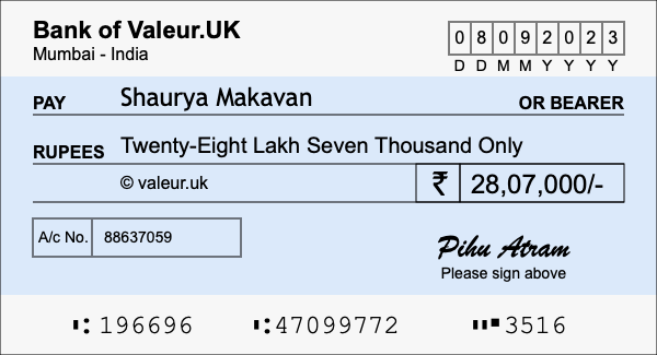 How to write a cheque for 28.07 lakh rupees