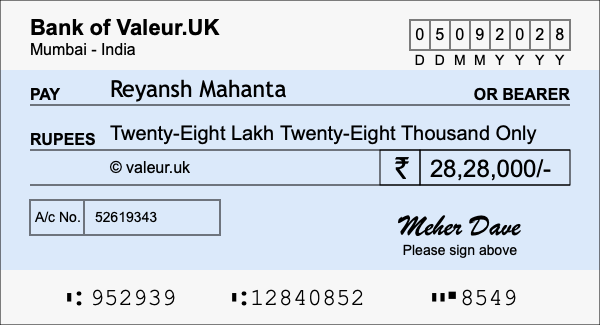 How to write a cheque for 28.28 lakh rupees