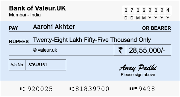 How to write a cheque for 28.55 lakh rupees How to write a cheque for 28.55 lakh rupees