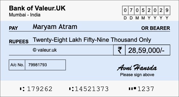 How to write a cheque for 28.59 lakh rupees How to write a cheque for 28.59 lakh rupees