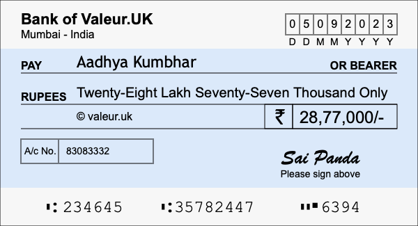 How to write a cheque for 28.77 lakh rupees