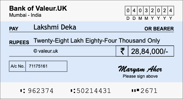 How to write a cheque for 28.84 lakh rupees