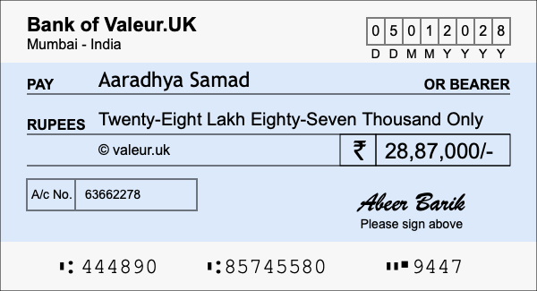 How to write a cheque for 28.87 lakh rupees