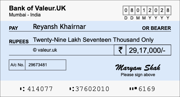 How to write a cheque for 29.17 lakh rupees How to write a cheque for 29.17 lakh rupees