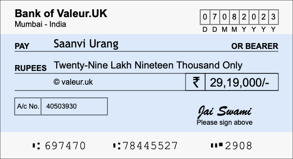 How to write a cheque for 29.19 lakh rupees