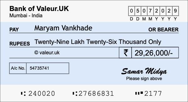 How to write a cheque for 29.26 lakh rupees