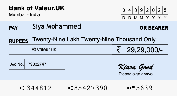 How to write a cheque for 29.29 lakh rupees