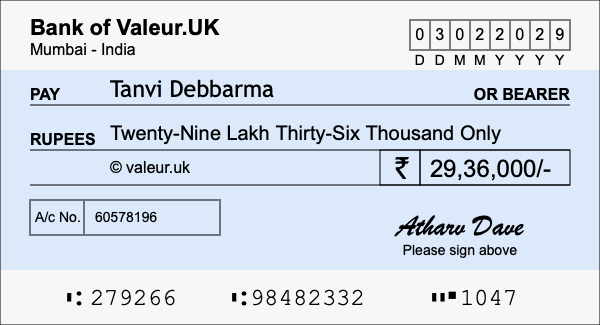 How to write a cheque for 29.36 lakh rupees
