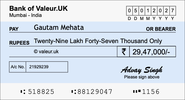 How to write a cheque for 29.47 lakh rupees How to write a cheque for 29.47 lakh rupees