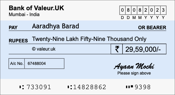 How to write a cheque for 29.59 lakh rupees How to write a cheque for 29.59 lakh rupees